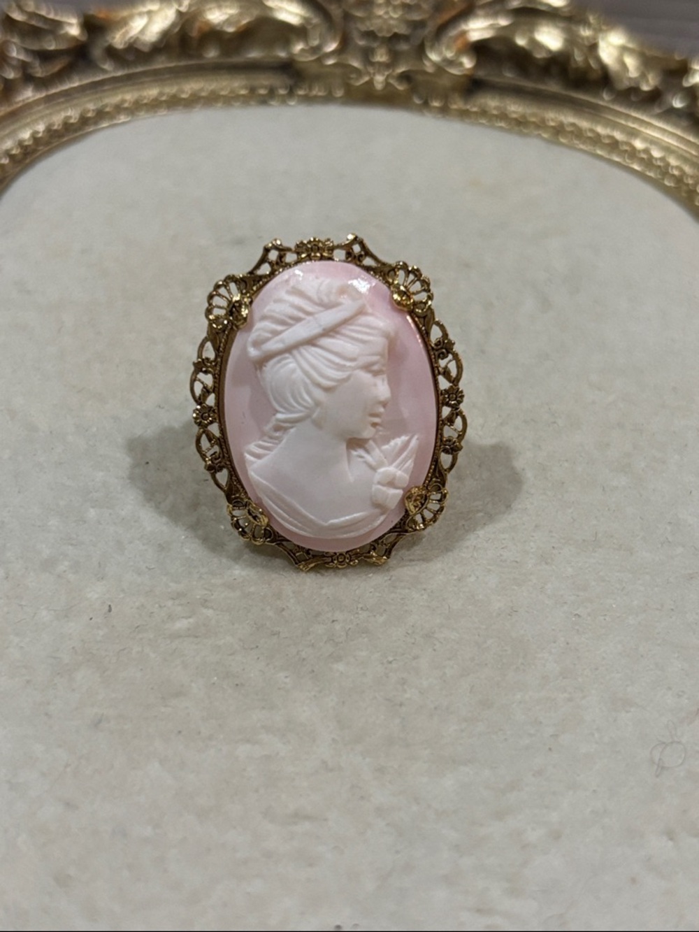 Vintage Gold plated Pink Cameo Portrait Ring - Gold Filigree Frame size 5